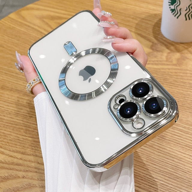 Fashion Magnetic Case For Magsafe For iPhone 14 13 12 11 Pro Max 14 Plus Plating Clear Soft Silicone Wireless Charging Cover